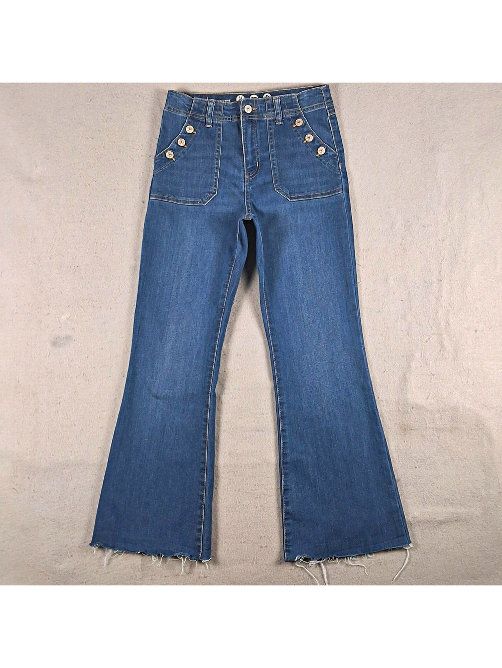 Rewash Peace Love Eco Flare Jeans Sailor Button Raw Hem High Rise Size 3 26